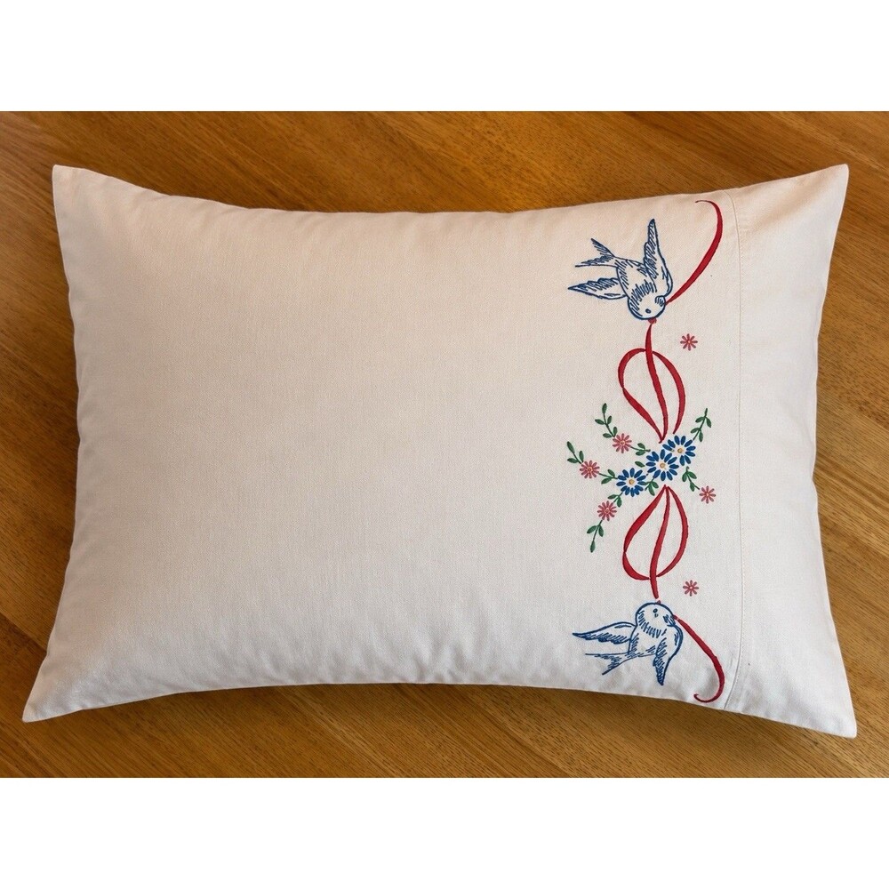 Vintage Cannon Muslin Pillowcase Pair Bluebird Ribbon Floral Applique USA Cotton